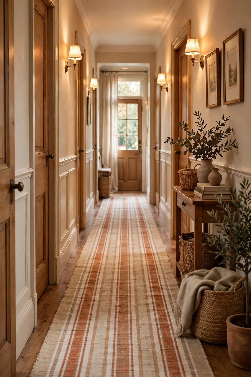 18 Hallway Decor Ideas That Make a Narrow Space Shine 2 A long striped runner rug down a narrow hallway, warm light, cozy