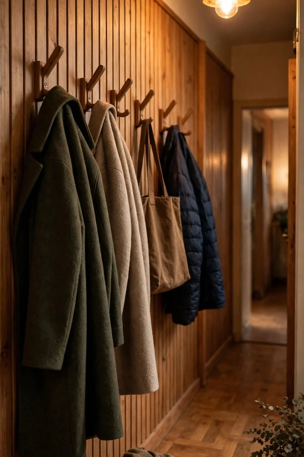 18 Hallway Decor Ideas That Make a Narrow Space Shine 3 Wooden wall hooks in a narrow hallway holding coats and a bag, warm light