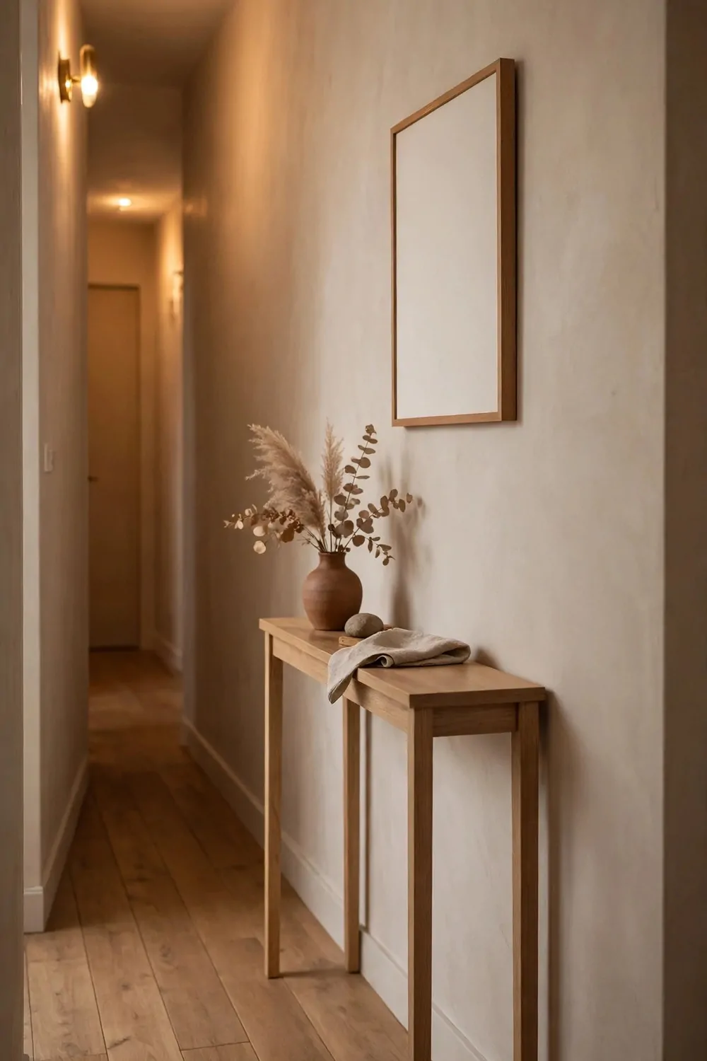 18 Hallway Decor Ideas That Make a Narrow Space Shine 4 A slim wooden console table against a hallway wall with a small vase, warm light