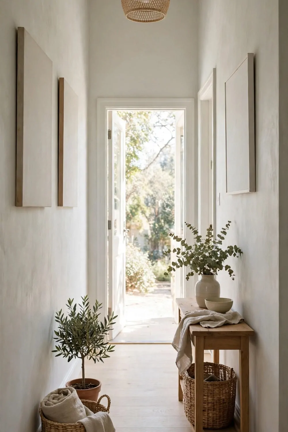 18 Hallway Decor Ideas That Make a Narrow Space Shine 5 Pale painted walls in a narrow hallway, bright daylight, airy feel