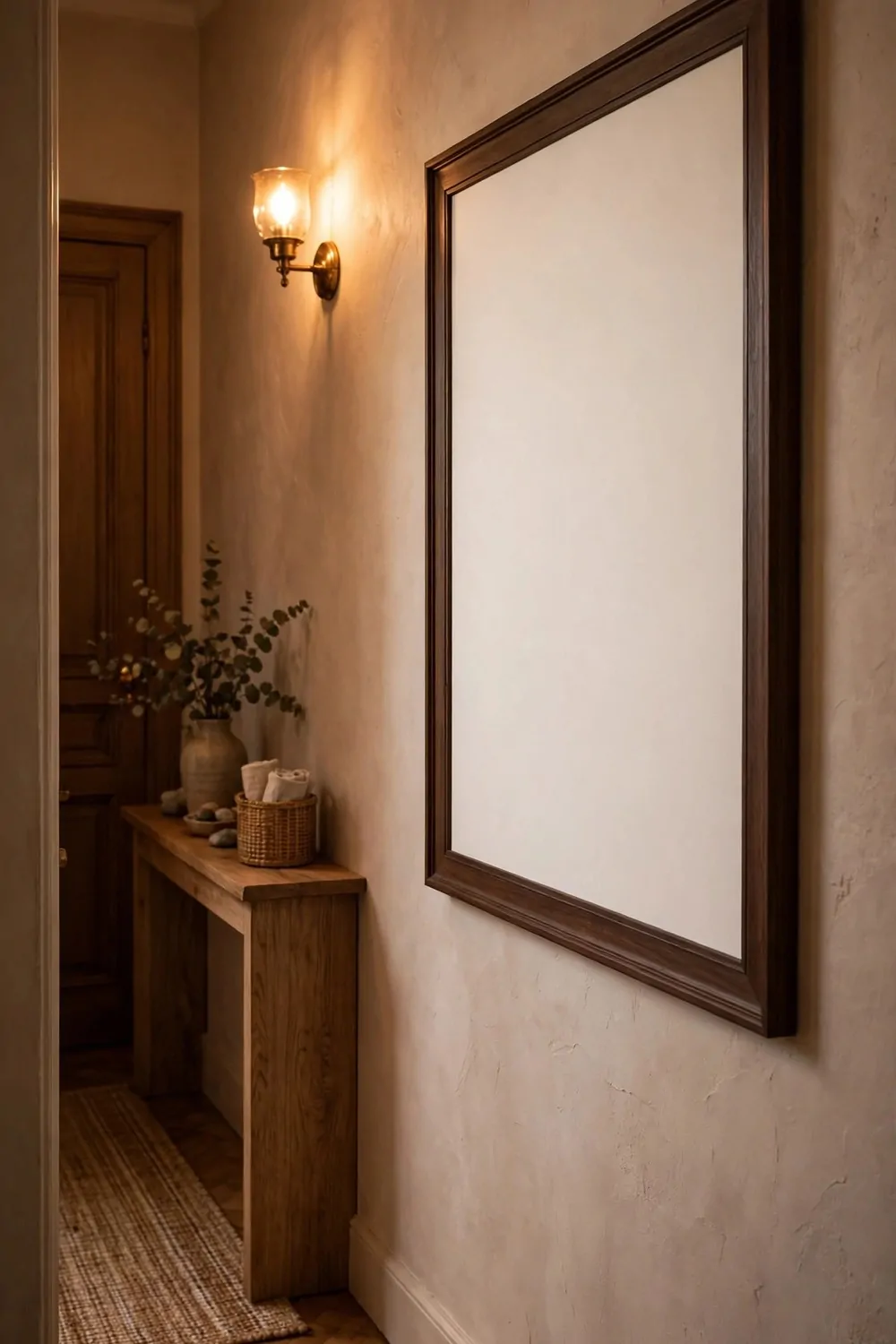 18 Hallway Decor Ideas That Make a Narrow Space Shine 6 One large framed picture on a narrow hallway wall, warm light, blank picture inside the frame
