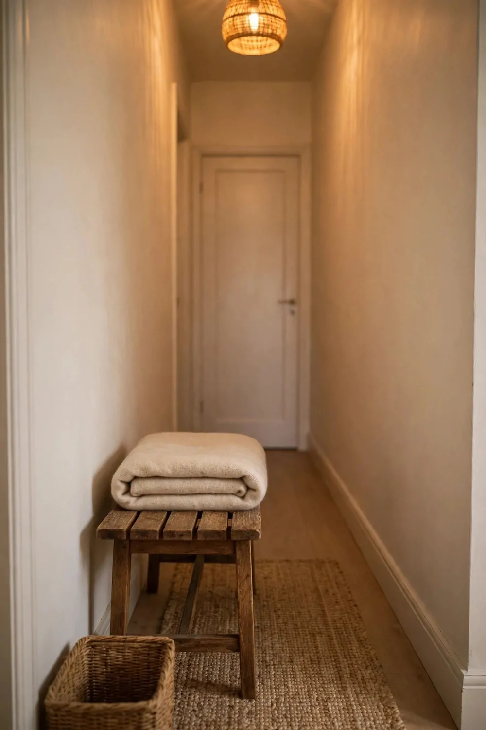 18 Hallway Decor Ideas That Make a Narrow Space Shine 7 A small wooden bench in a narrow hallway with a folded blanket, warm light