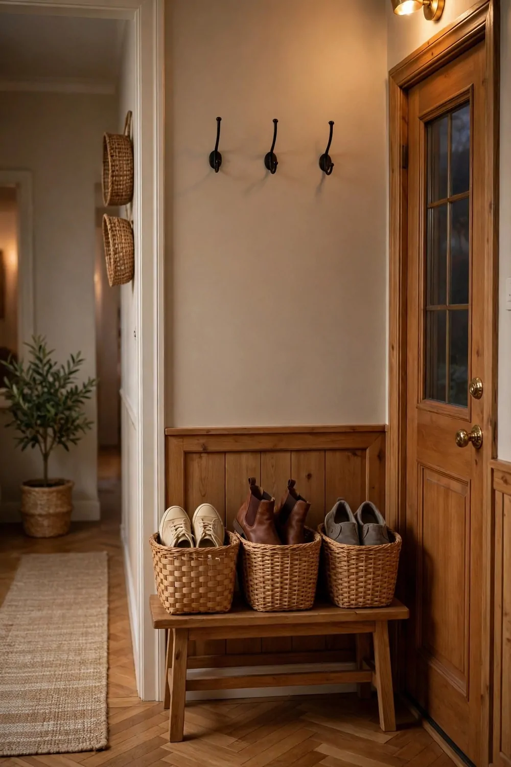 18 Hallway Decor Ideas That Make a Narrow Space Shine 8 Woven baskets holding shoes by a front door in a hallway, warm light