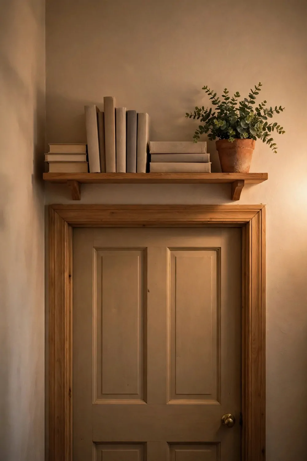 18 Hallway Decor Ideas That Make a Narrow Space Shine 9 A small wooden shelf above a hallway door holding books and a plant, warm light