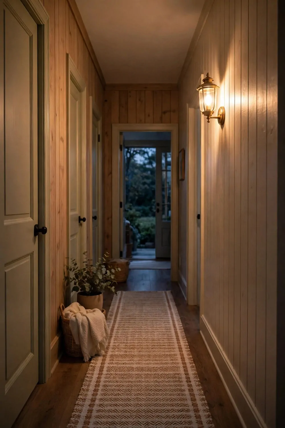 18 Hallway Decor Ideas That Make a Narrow Space Shine 10 A warm wall light glowing in a narrow hallway at dusk, soft light