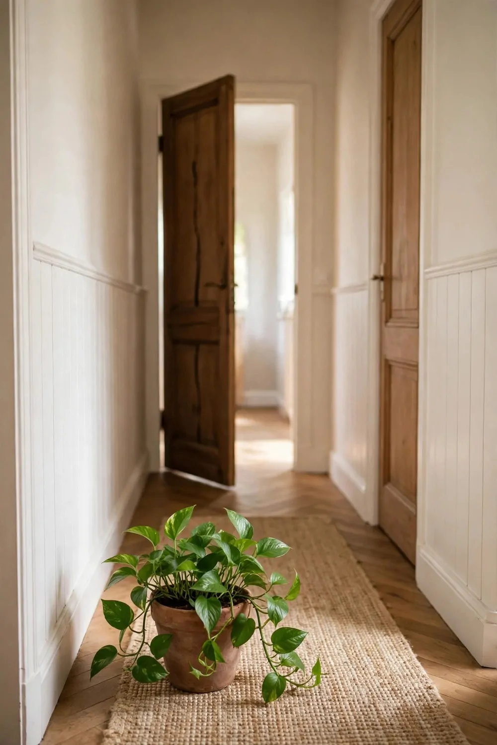 18 Hallway Decor Ideas That Make a Narrow Space Shine 11 A green plant in a pot on a hallway floor, soft light, narrow space