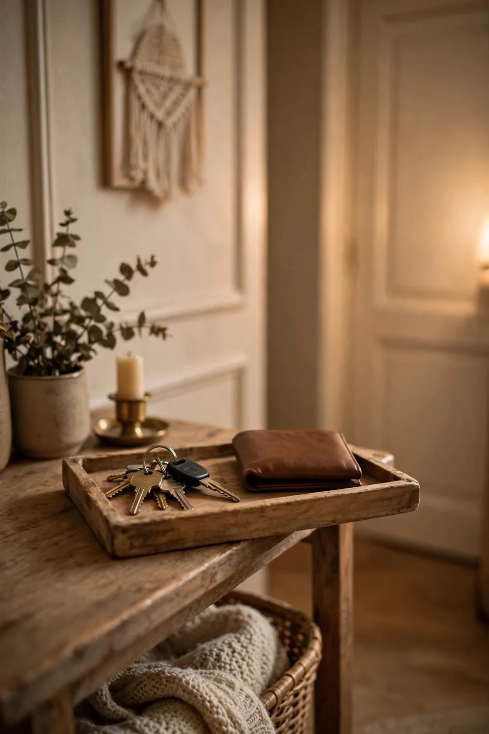 18 Hallway Decor Ideas That Make a Narrow Space Shine 12 A small wooden tray on a hallway table holding keys and a wallet, warm light