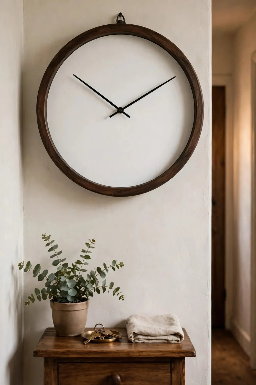 18 Hallway Decor Ideas That Make a Narrow Space Shine 14 A round wall clock on a narrow hallway wall, warm light, blank clock face