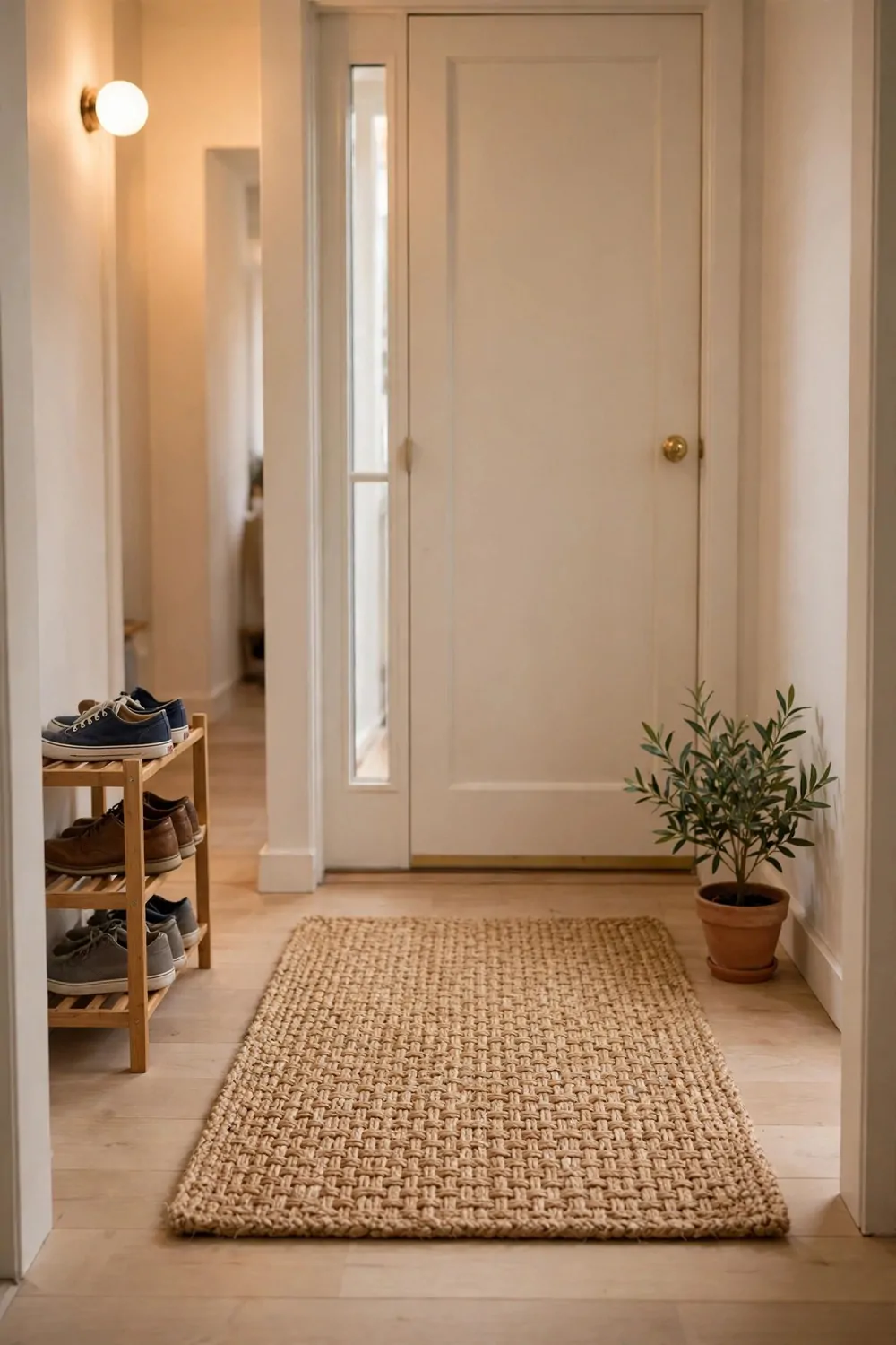 18 Hallway Decor Ideas That Make a Narrow Space Shine 15 A woven doormat at a front door in a hallway, warm light, tidy entry