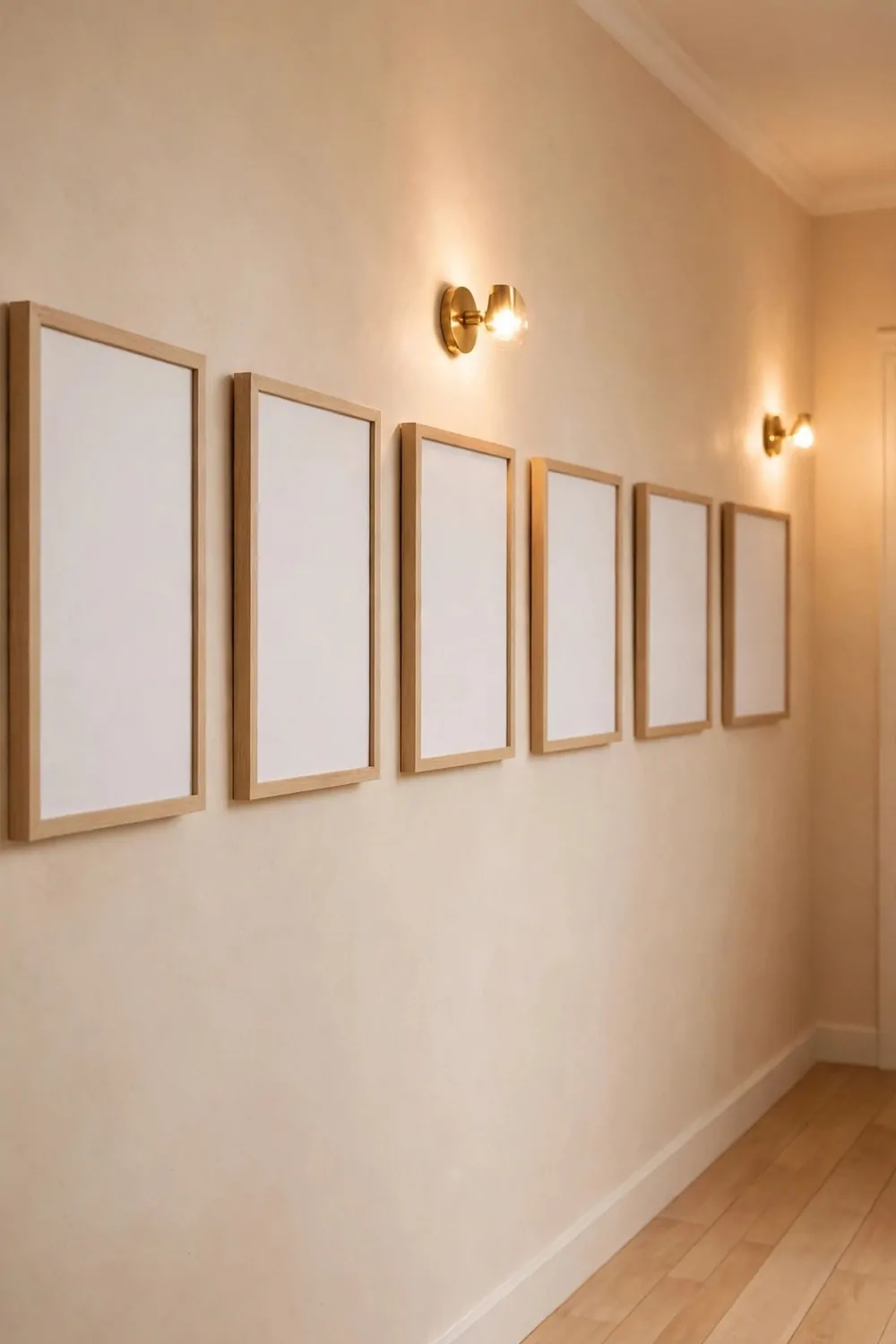 18 Hallway Decor Ideas That Make a Narrow Space Shine 16 Framed photos in a straight row on a narrow hallway wall, warm light, blank photo frames
