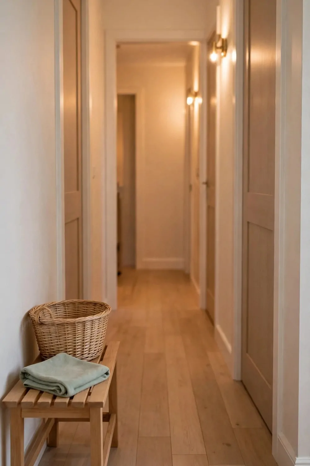 18 Hallway Decor Ideas That Make a Narrow Space Shine 17 A clean tidy hallway after a quick reset, empty basket and a cloth, warm light