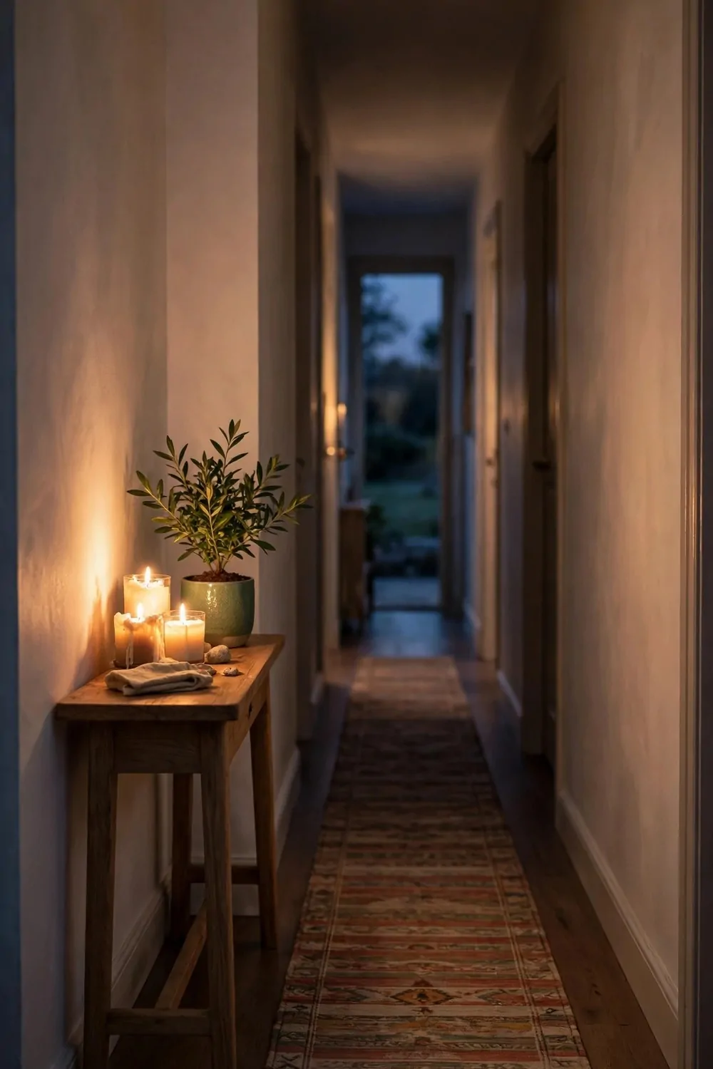 18 Hallway Decor Ideas That Make a Narrow Space Shine 18 A calm hallway at dusk with warm candle glow, plant and runner rug, soft light