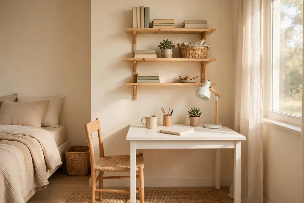 A bright small bedroom office on a budget, simple white desk, plain wood shelves, cream walls, morning light, tidy