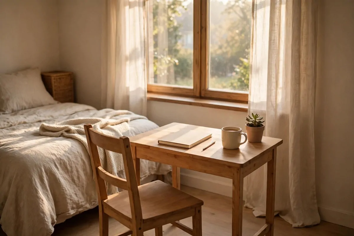18 Ikea Bedroom Office Ideas on a Budget 1 A small tidy desk in a bedroom corner facing a window, plain wooden chair, notebook and mug on the desk, morning light