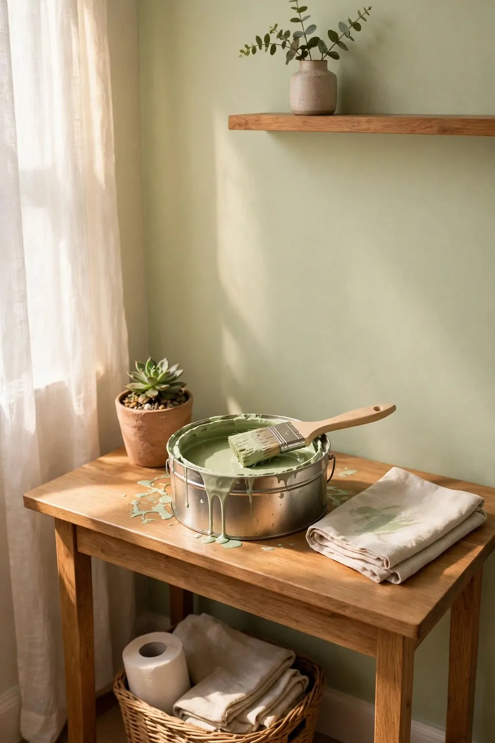 18 Ikea Bedroom Office Ideas on a Budget 2 The wall behind a small desk painted pale green, a paint tin and brush resting on the desk, fresh paint, morning light