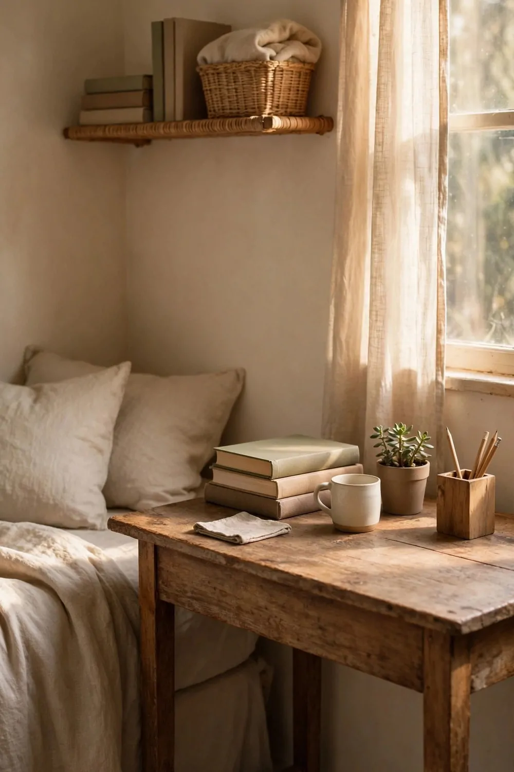 18 Ikea Bedroom Office Ideas on a Budget 3 A plain second-hand wood desk in a small bedroom, simple and tidy, a few books on top, morning light