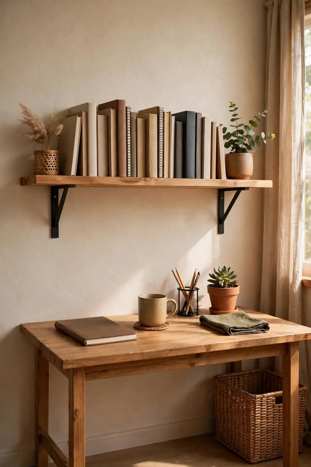 18 Ikea Bedroom Office Ideas on a Budget 4 A plain wood plank shelf on two brackets above a small desk, books and notebooks lined up, tidy