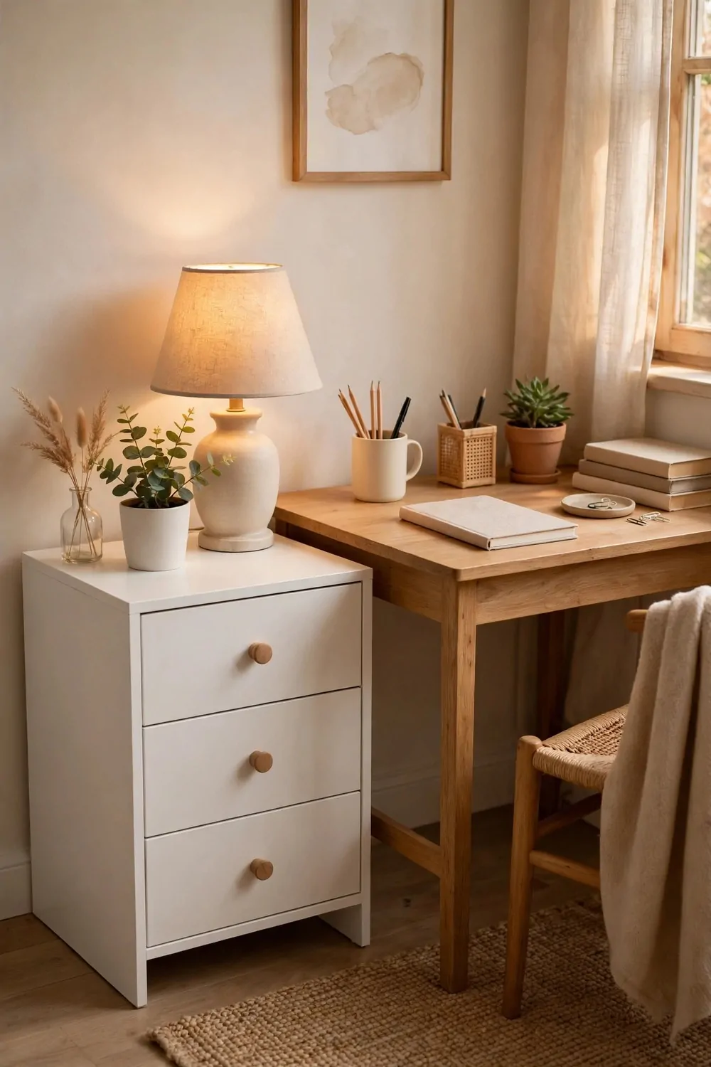 18 Ikea Bedroom Office Ideas on a Budget 5 A small white drawer unit beside a desk in a bedroom, a lamp on top, tidy