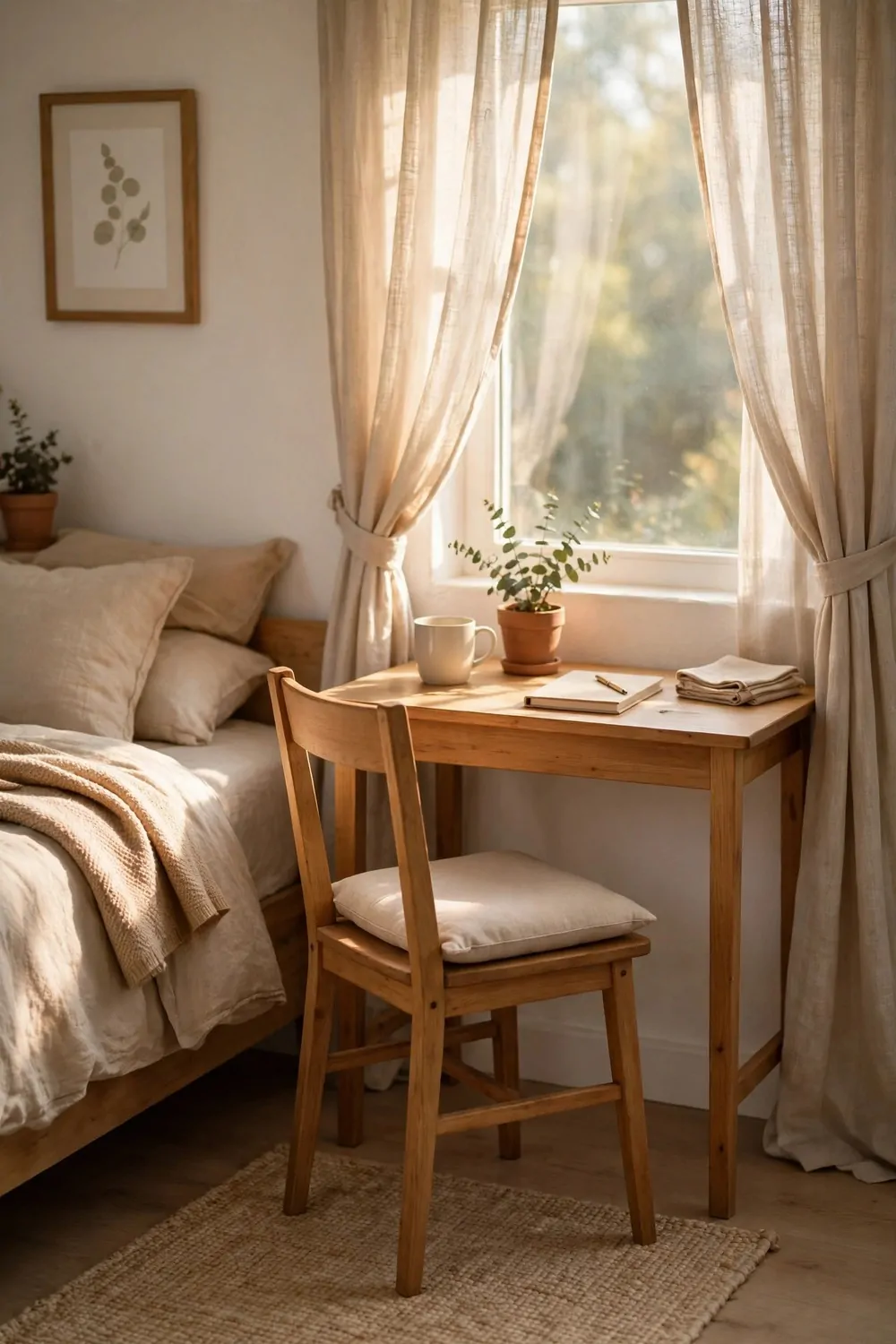 18 Ikea Bedroom Office Ideas on a Budget 6 A simple wooden chair with a plain cushion at a small desk in a bedroom, tidy, morning light