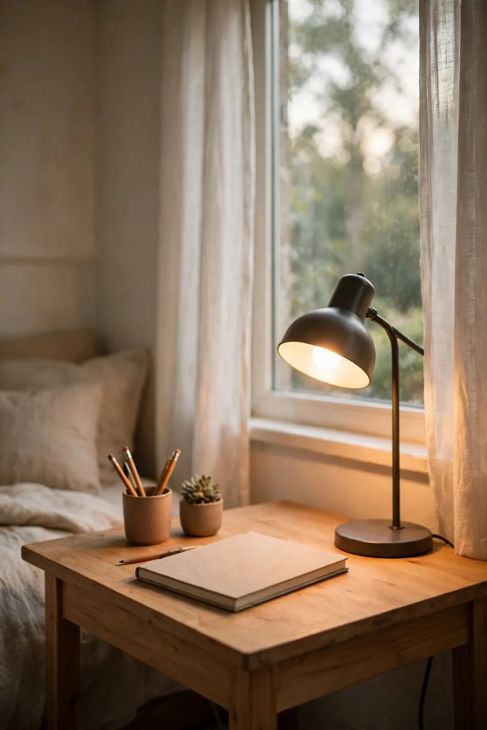 18 Ikea Bedroom Office Ideas on a Budget 7 A plain desk lamp glowing warm on a small desk by a window in a bedroom, notebook beside it, soft light
