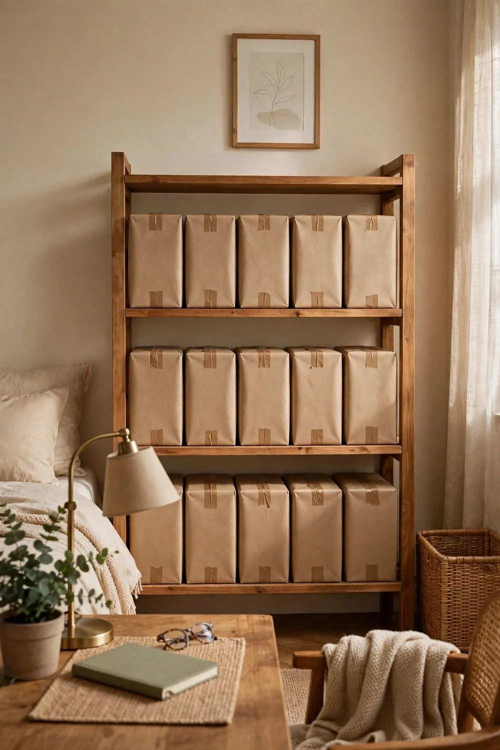 18 Ikea Bedroom Office Ideas on a Budget 8 Plain cardboard boxes wrapped in brown paper lined up neatly on shelves in a bedroom office, tidy