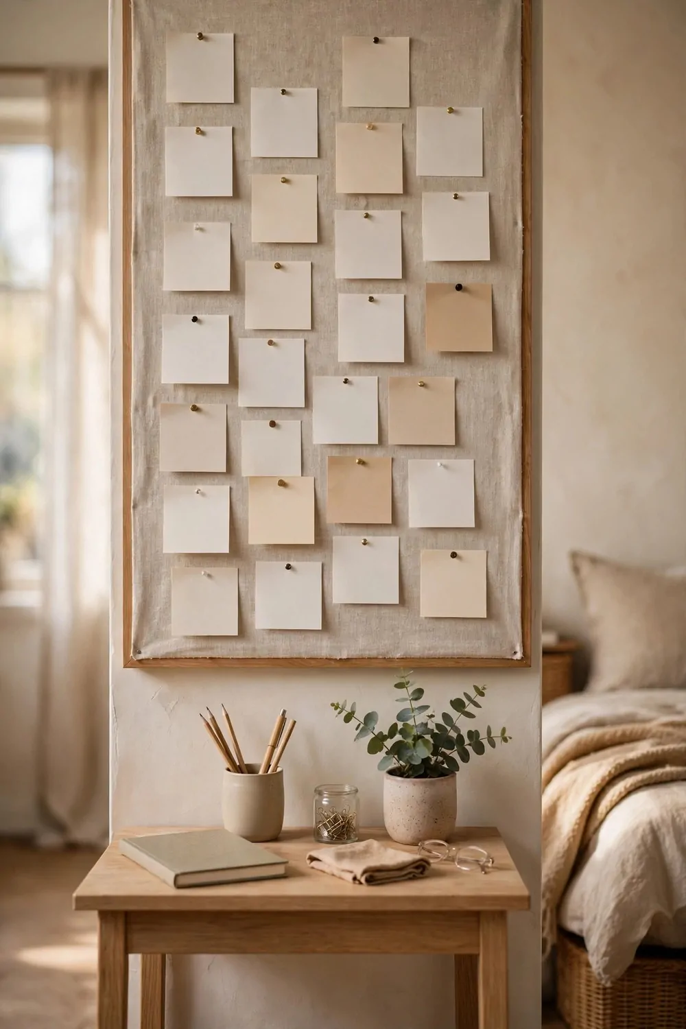 18 Ikea Bedroom Office Ideas on a Budget 9 A pinboard covered in plain cloth with pinned notes above a small desk in a bedroom, tidy