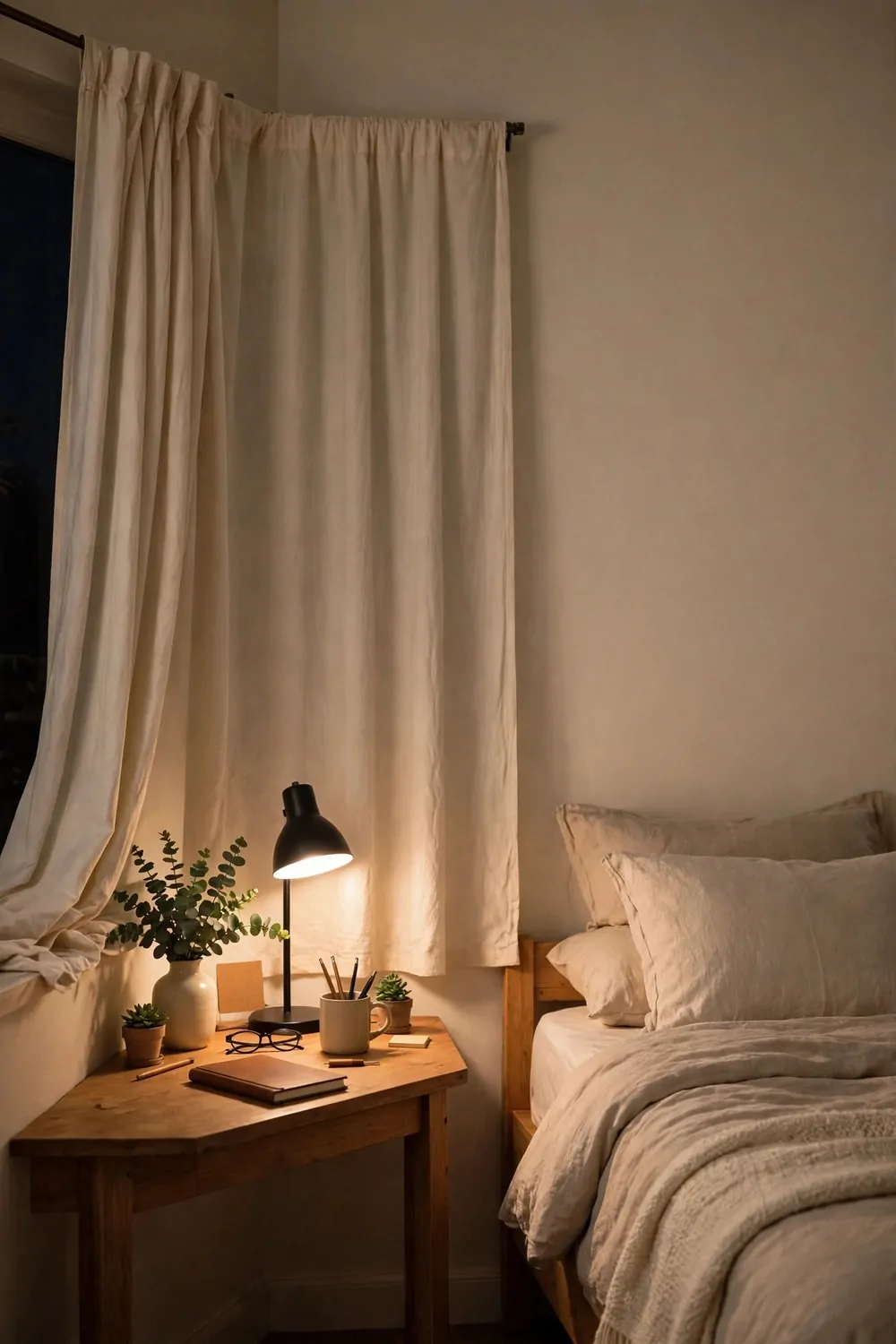 18 Ikea Bedroom Office Ideas on a Budget 10 A plain cream curtain pulled across a small desk corner in a bedroom at night, bed beside it, calm