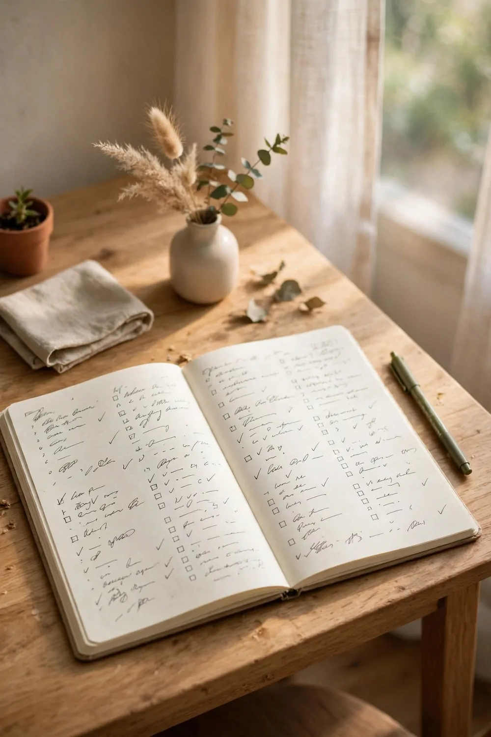 18 Ikea Bedroom Office Ideas on a Budget 11 A small desk with an open notebook showing a handwritten weekly plan, a pen beside it, morning light