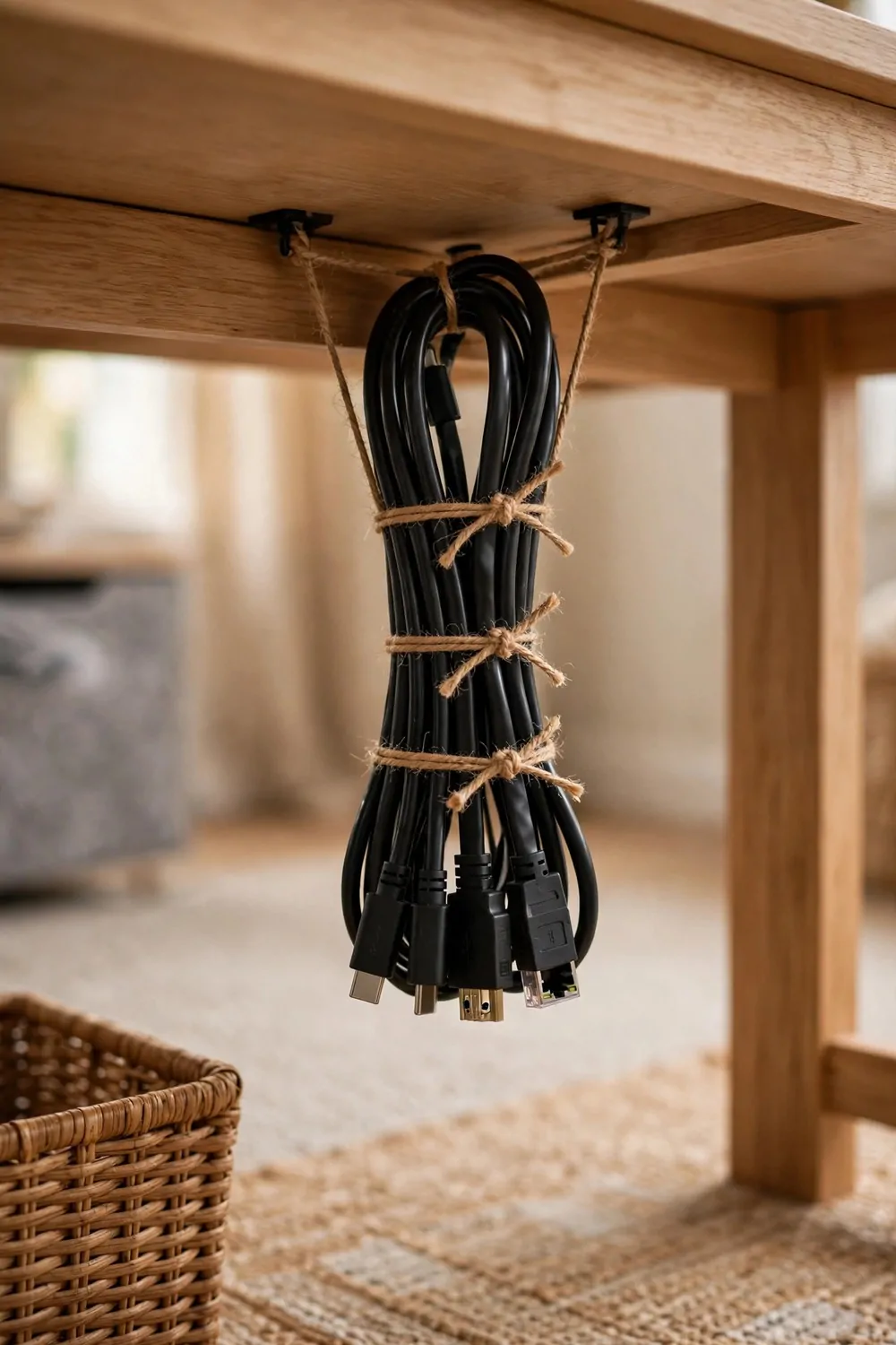 18 Ikea Bedroom Office Ideas on a Budget 12 Cables tied neatly in one bundle under a desk with string ties, tidy