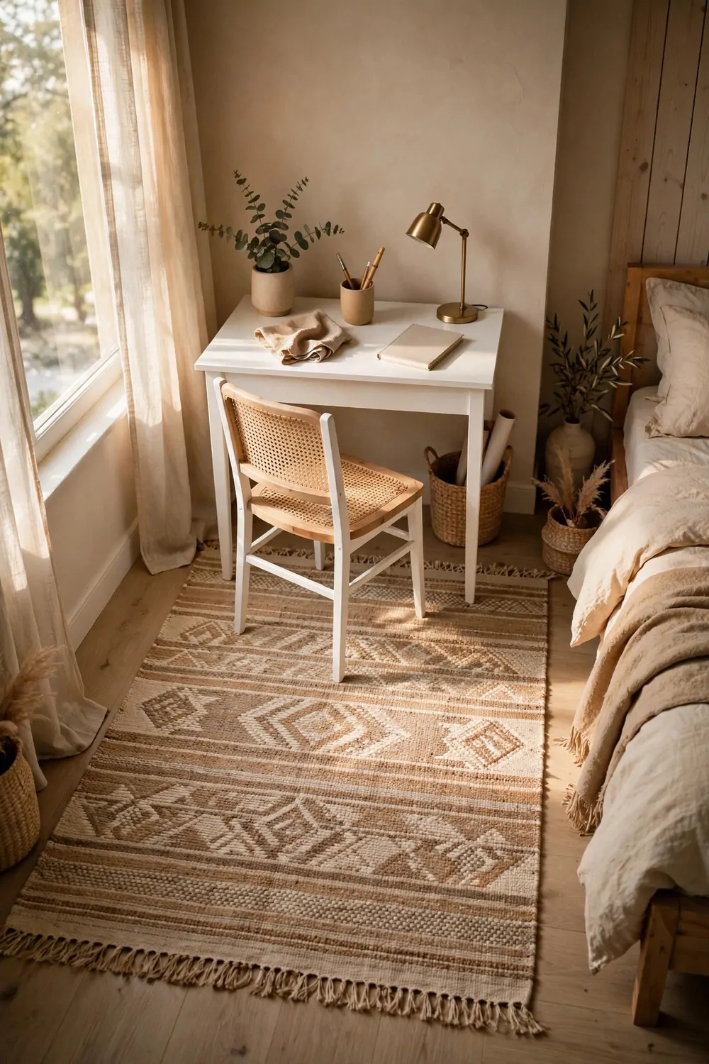 18 Ikea Bedroom Office Ideas on a Budget 13 A flat rug under a small desk and chair in a bedroom, morning light, tidy