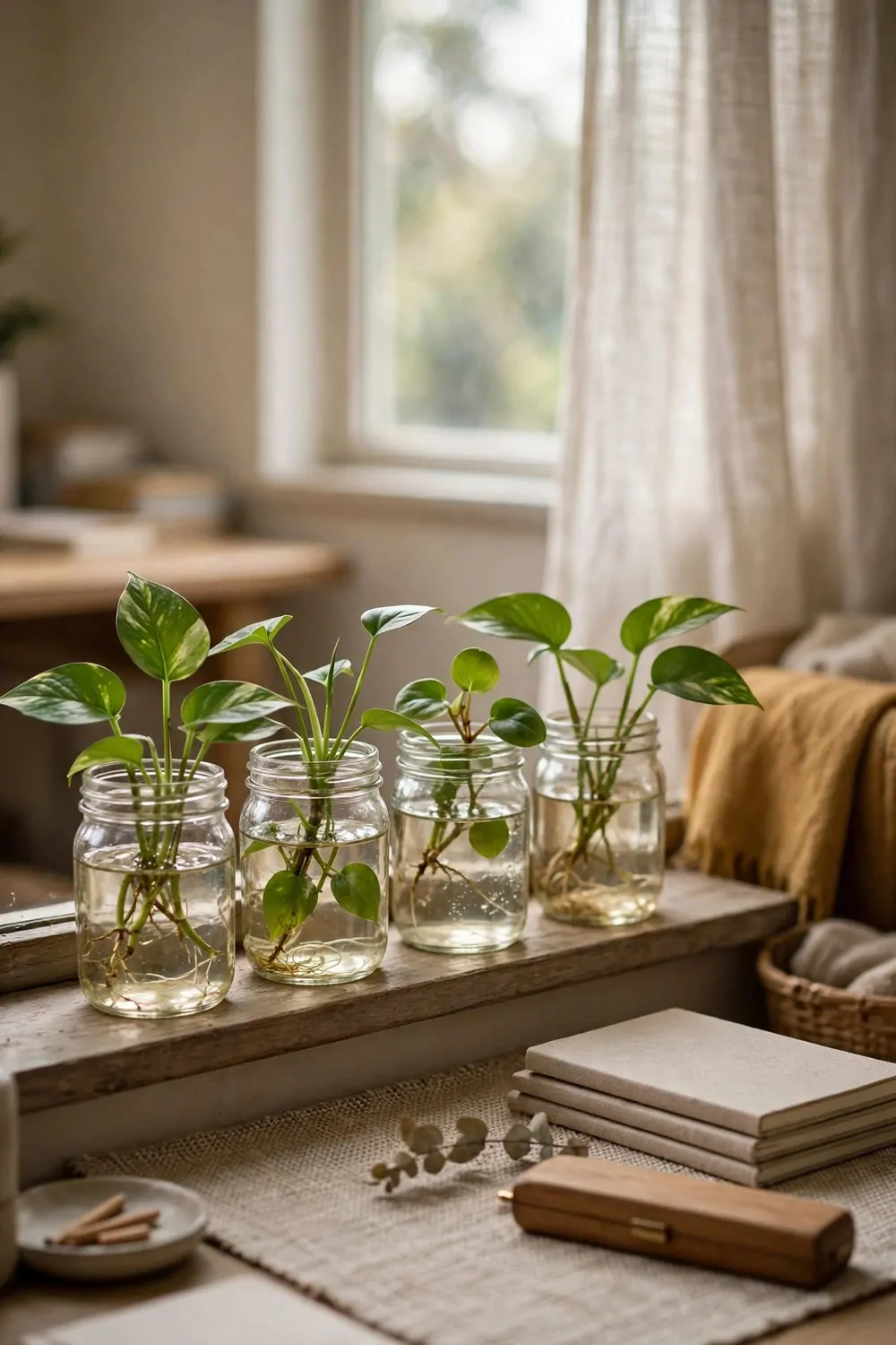 18 Ikea Bedroom Office Ideas on a Budget 14 Small plant cuttings in glass jam jars on a windowsill in a bedroom office, green leaves, soft light