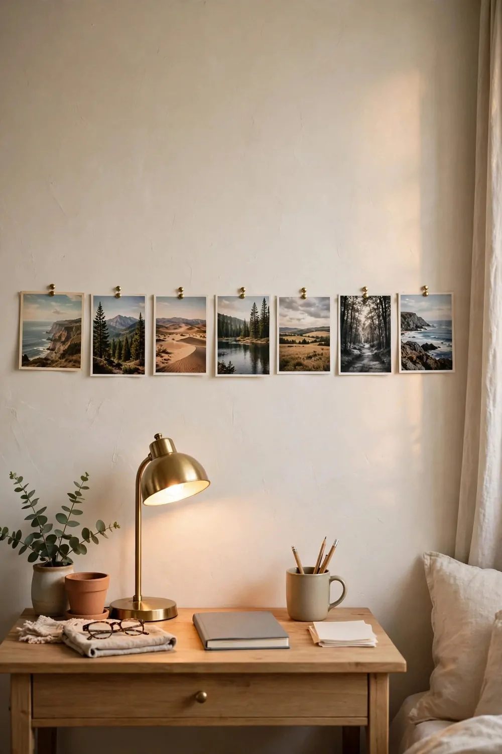 18 Ikea Bedroom Office Ideas on a Budget 15 Postcards and photos pinned in a neat straight row on a bedroom wall above a small desk, tidy