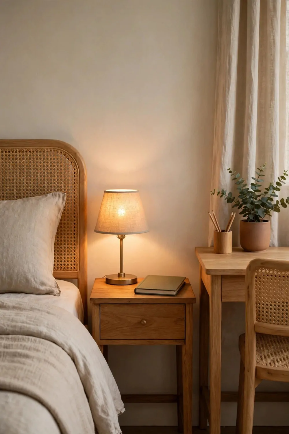18 Ikea Bedroom Office Ideas on a Budget 16 A bedside table with a drawer between a bed and a small desk, a notebook and lamp on top, tidy
