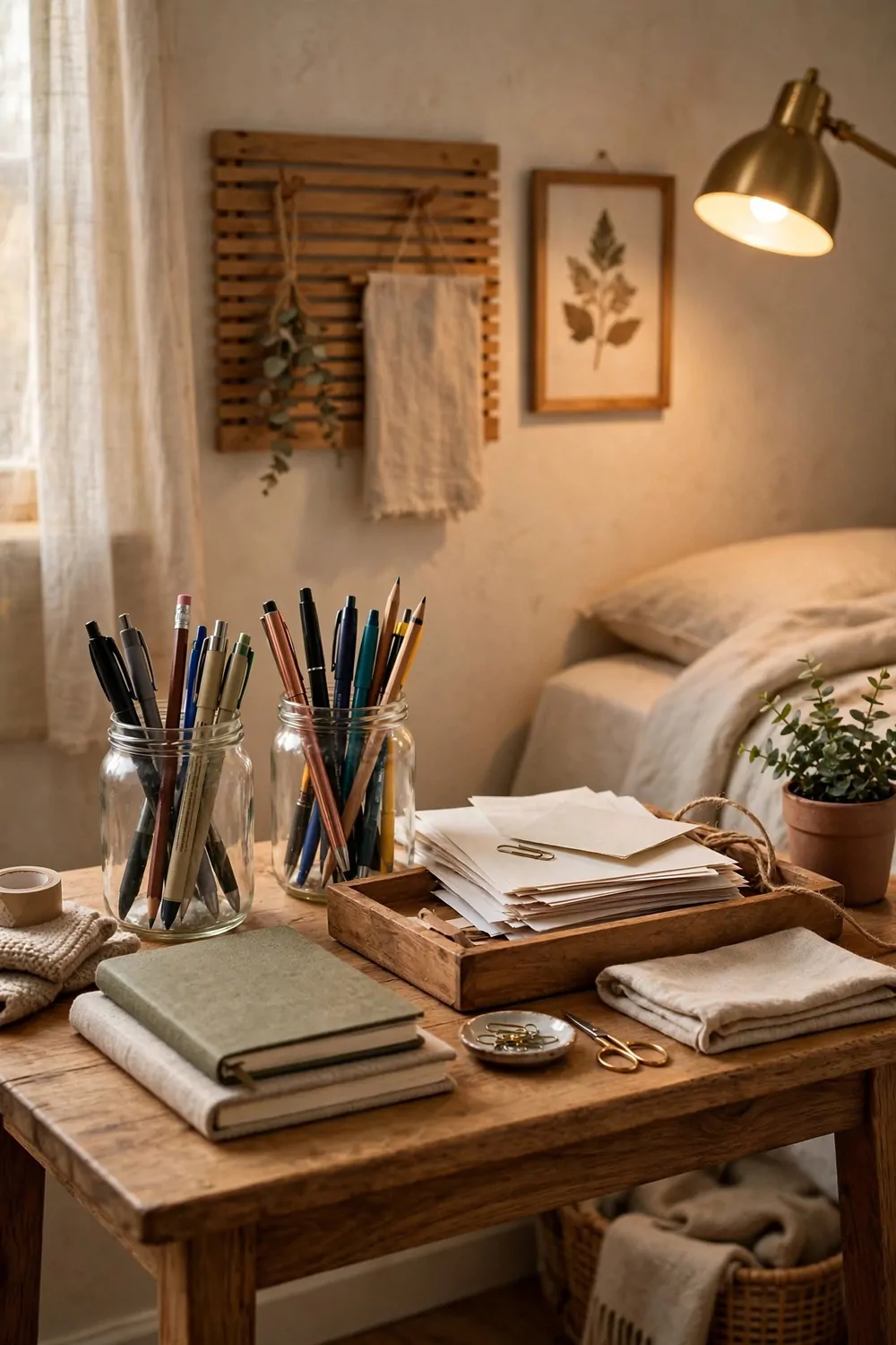 18 Ikea Bedroom Office Ideas on a Budget 17 Glass jars holding pens and a wood tray with papers on a small desk in a bedroom, tidy