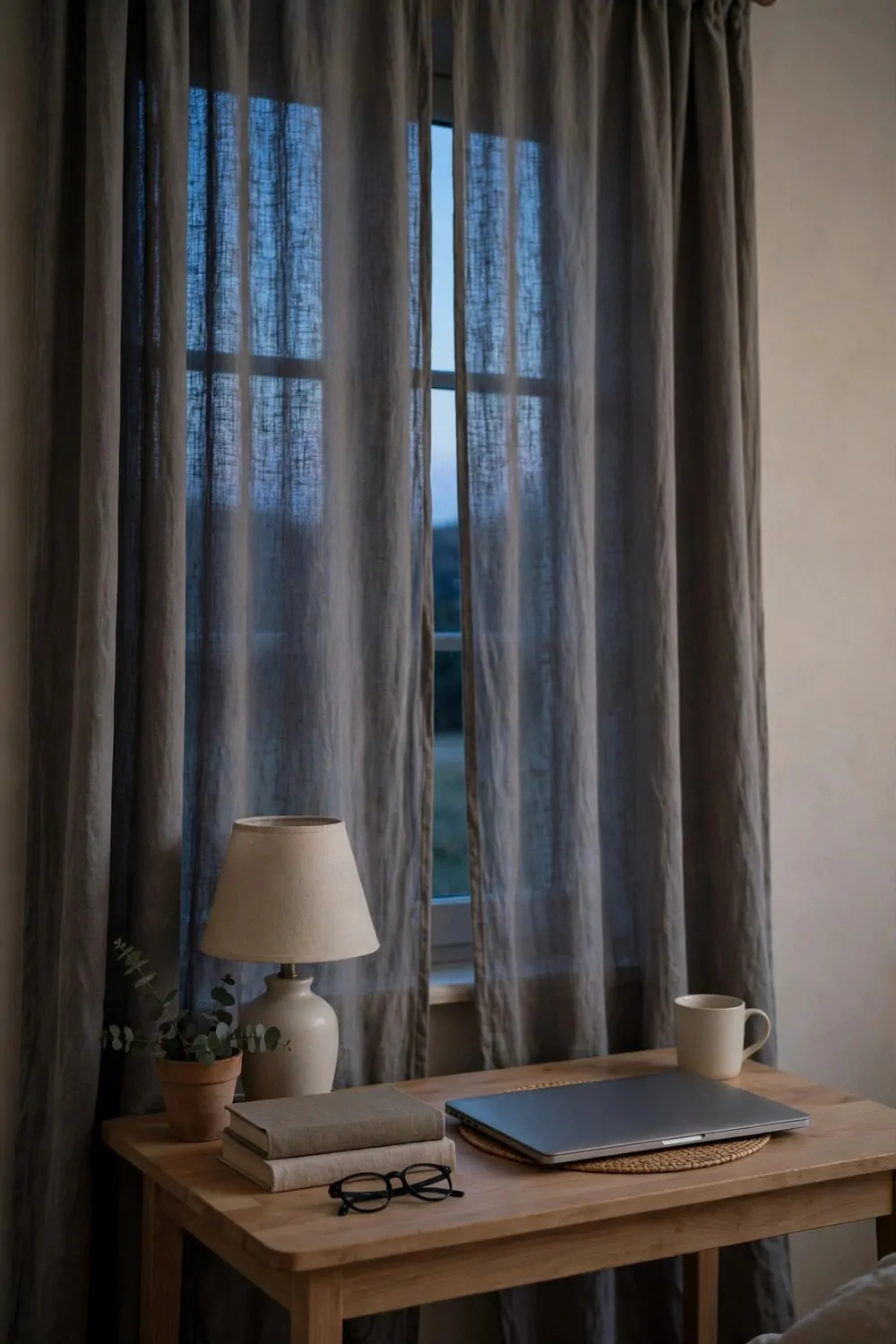 18 Ikea Bedroom Office Ideas on a Budget 18 A tidy small desk in a bedroom at dusk, laptop closed, lamp off, curtain drawn, calm evening light