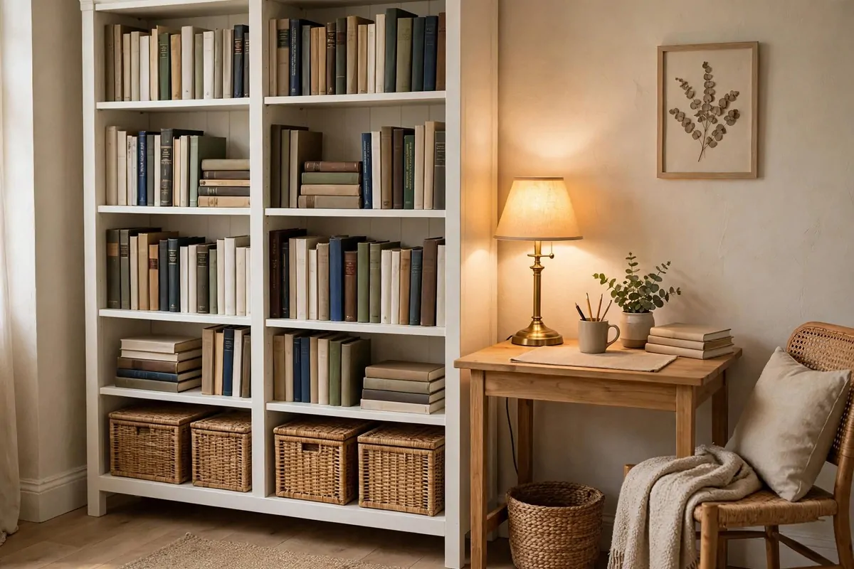18 Ikea Study Room Ideas for a Focused, Tidy Space 6 Two white IKEA LACK floating shelves above a study desk with books and storage boxes