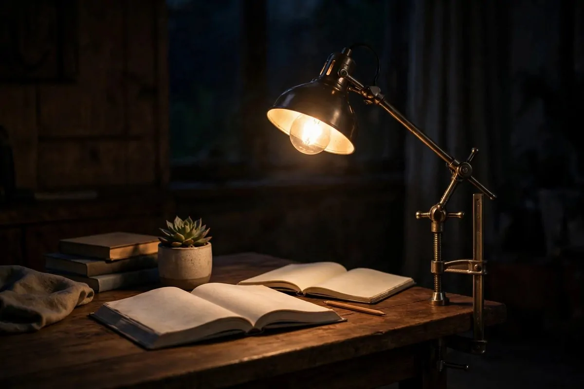 18 Ikea Study Room Ideas for a Focused, Tidy Space 7 IKEA TERTIAL clamp work lamp glowing warm over a study desk at night with books