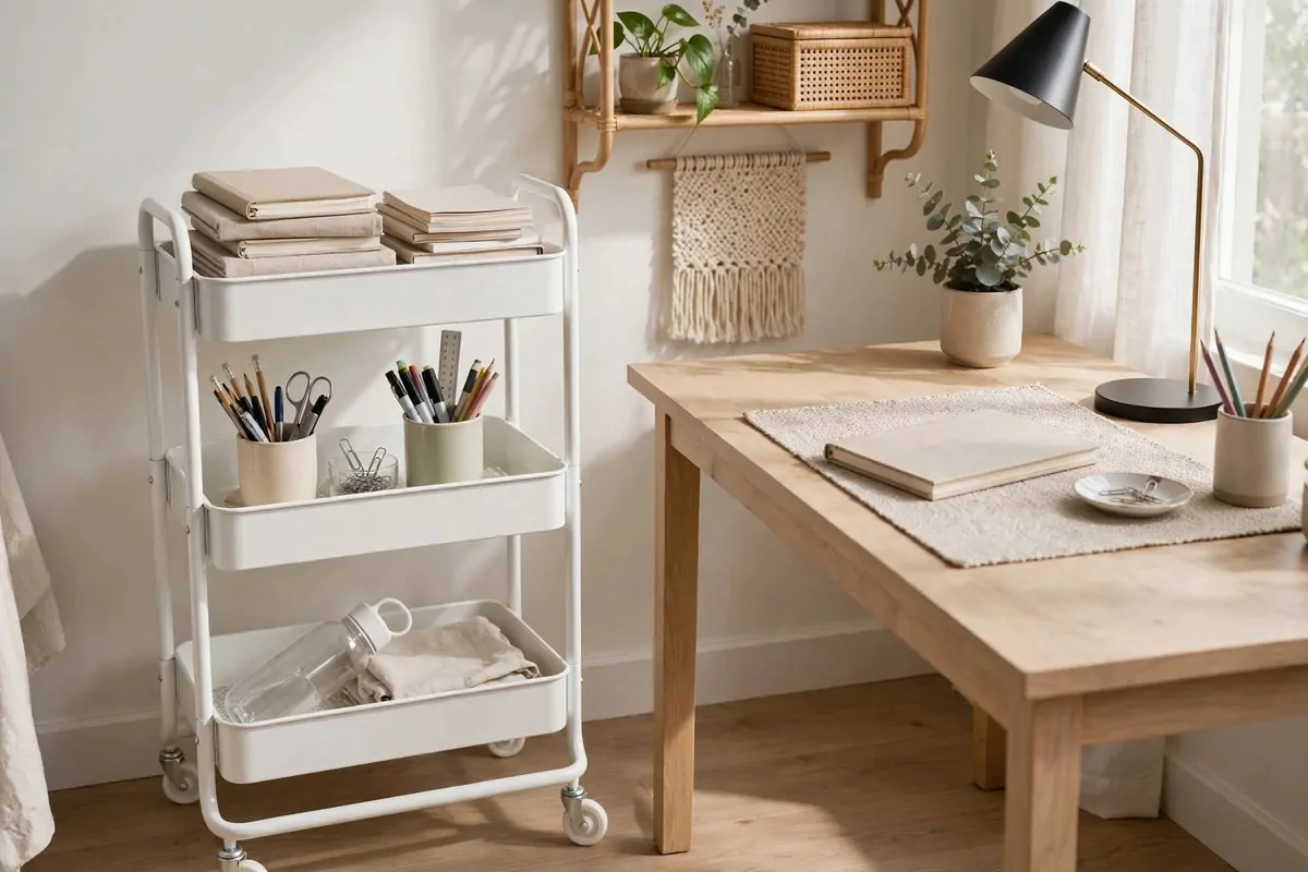 18 Ikea Study Room Ideas for a Focused, Tidy Space 9 IKEA RASKOG three-tier rolling cart beside a study desk holding supplies and notebooks
