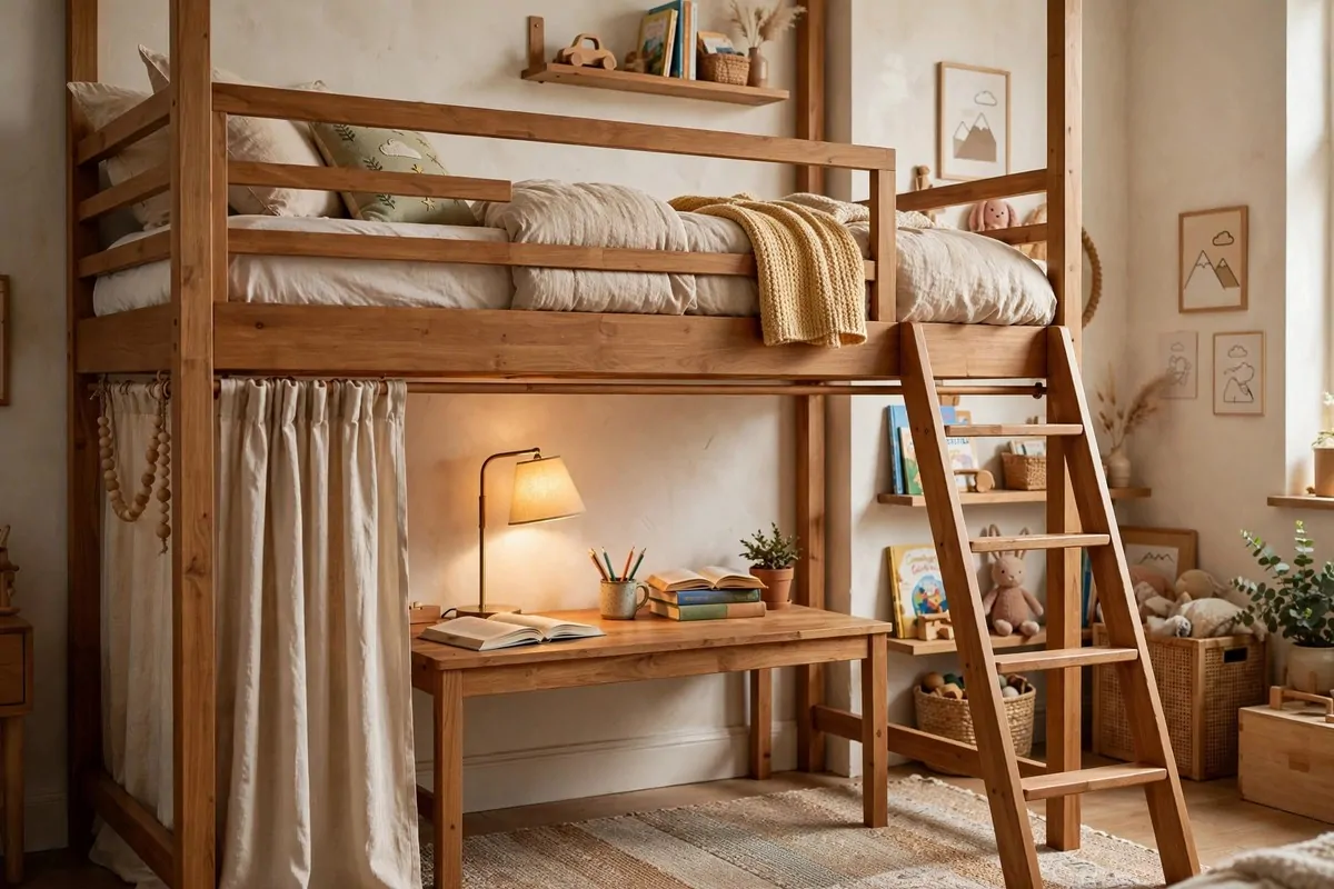18 Ikea Study Room Ideas for a Focused, Tidy Space 12 IKEA STORA loft bed with a study desk and lamp set up underneath in a child's bedroom