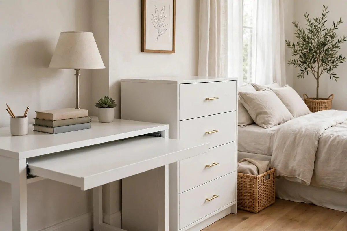 18 Ikea Study Room Ideas for a Focused, Tidy Space 13 IKEA MALM desk with matching chest of drawers in a calm bedroom study corner