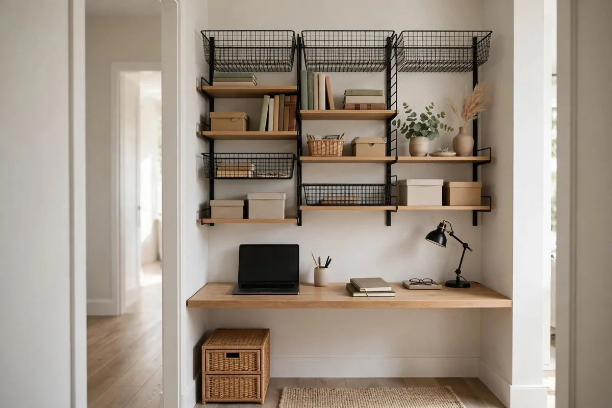 18 Ikea Study Room Ideas for a Focused, Tidy Space 16 IKEA BOAXEL wall-mounted storage system with shelves and baskets above a narrow study desk