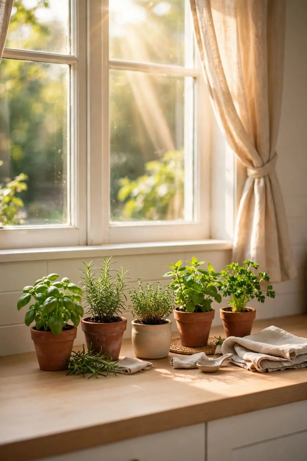 Small pots of fresh green herbs on a kitchen island windowsill, warm light, tidy and fresh