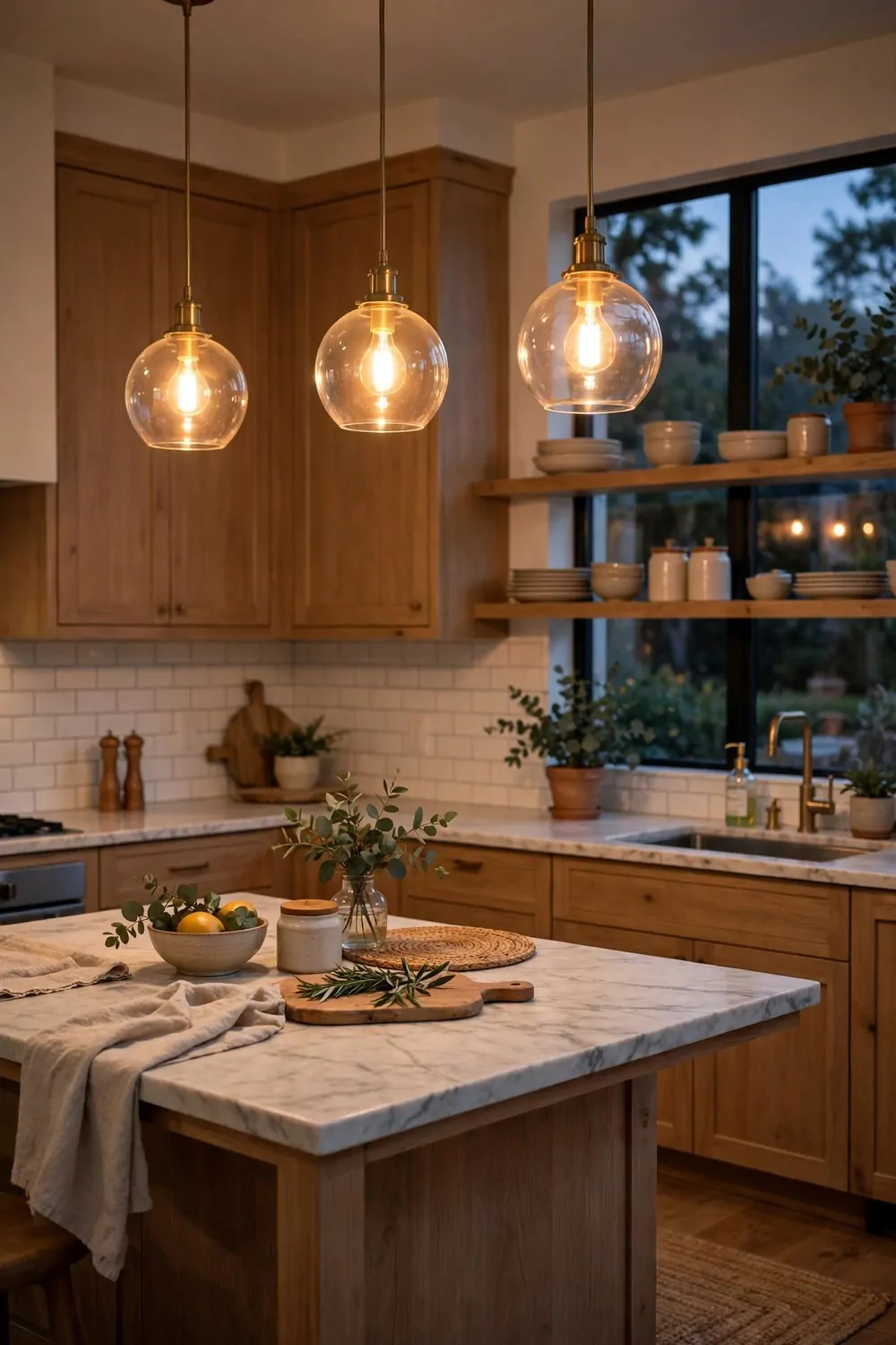Warm pendant lights glowing above a kitchen island, soft evening light, cozy and calm