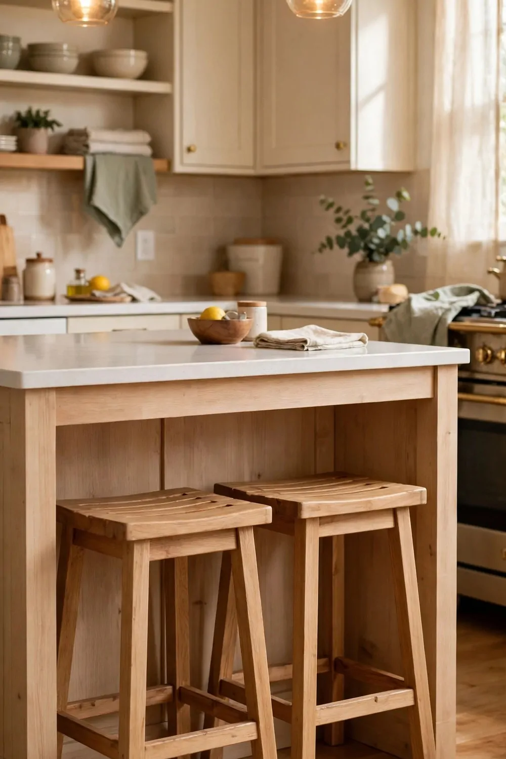 Two wooden stools tucked under a kitchen island, warm light, tidy and cozy
