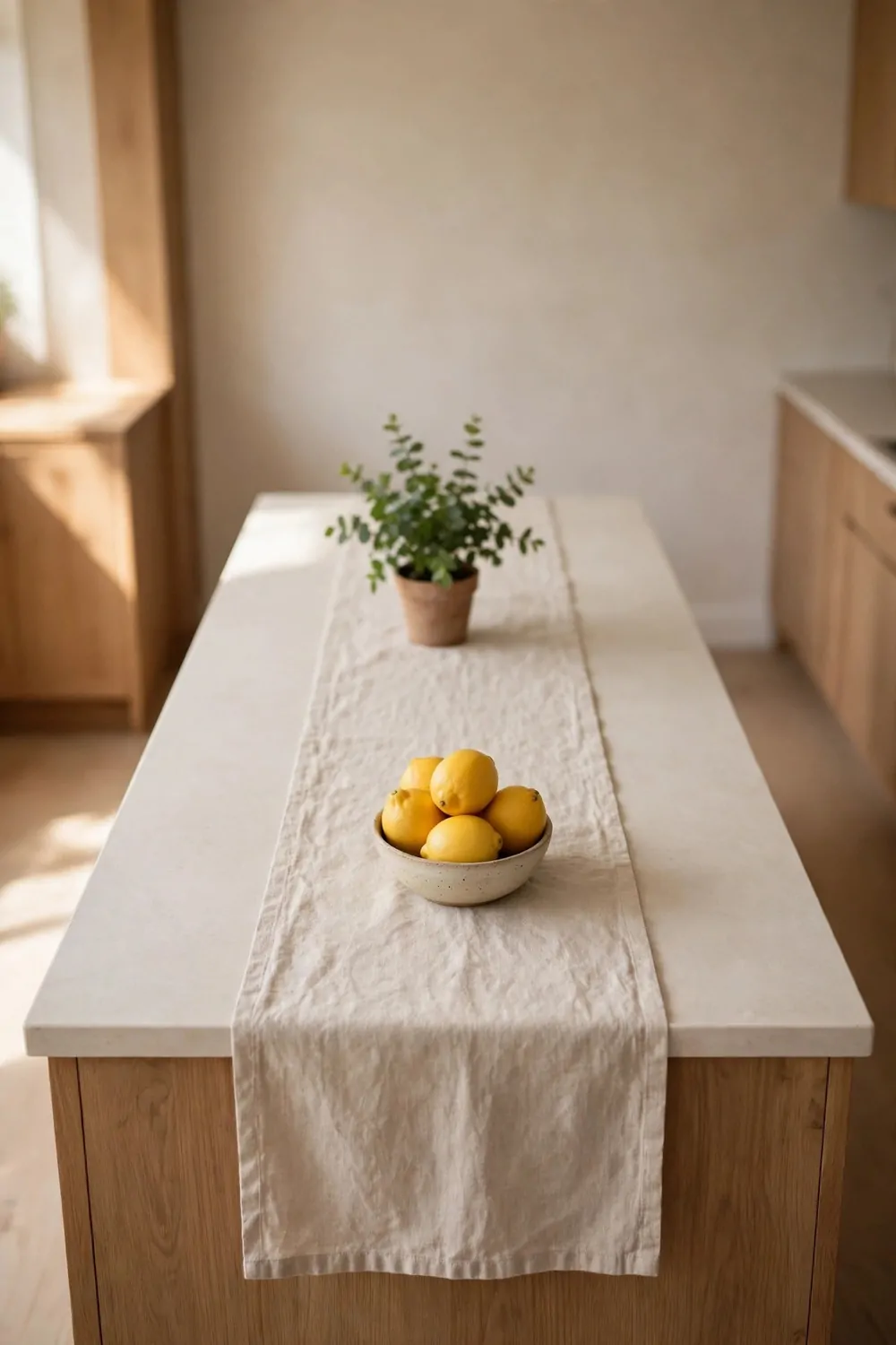 A soft linen runner down the middle of a kitchen island with lemons and a small plant, warm light, tidy and calm