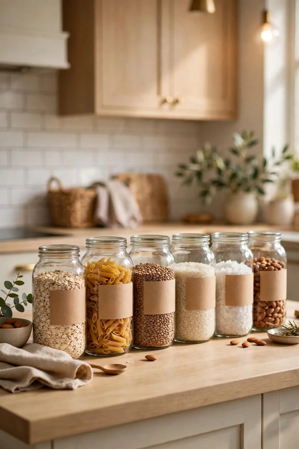 Clear glass jars with dry goods on a kitchen island, blank labels, warm light, tidy and neat