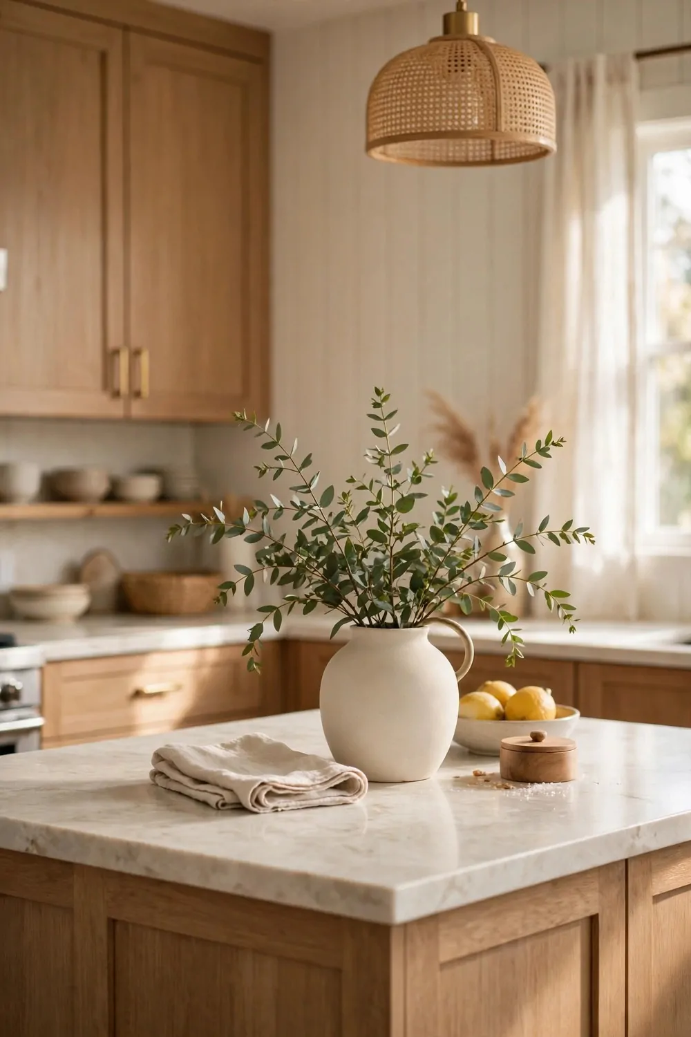 A simple vase with fresh green stems on a kitchen island, warm light, tidy and calm