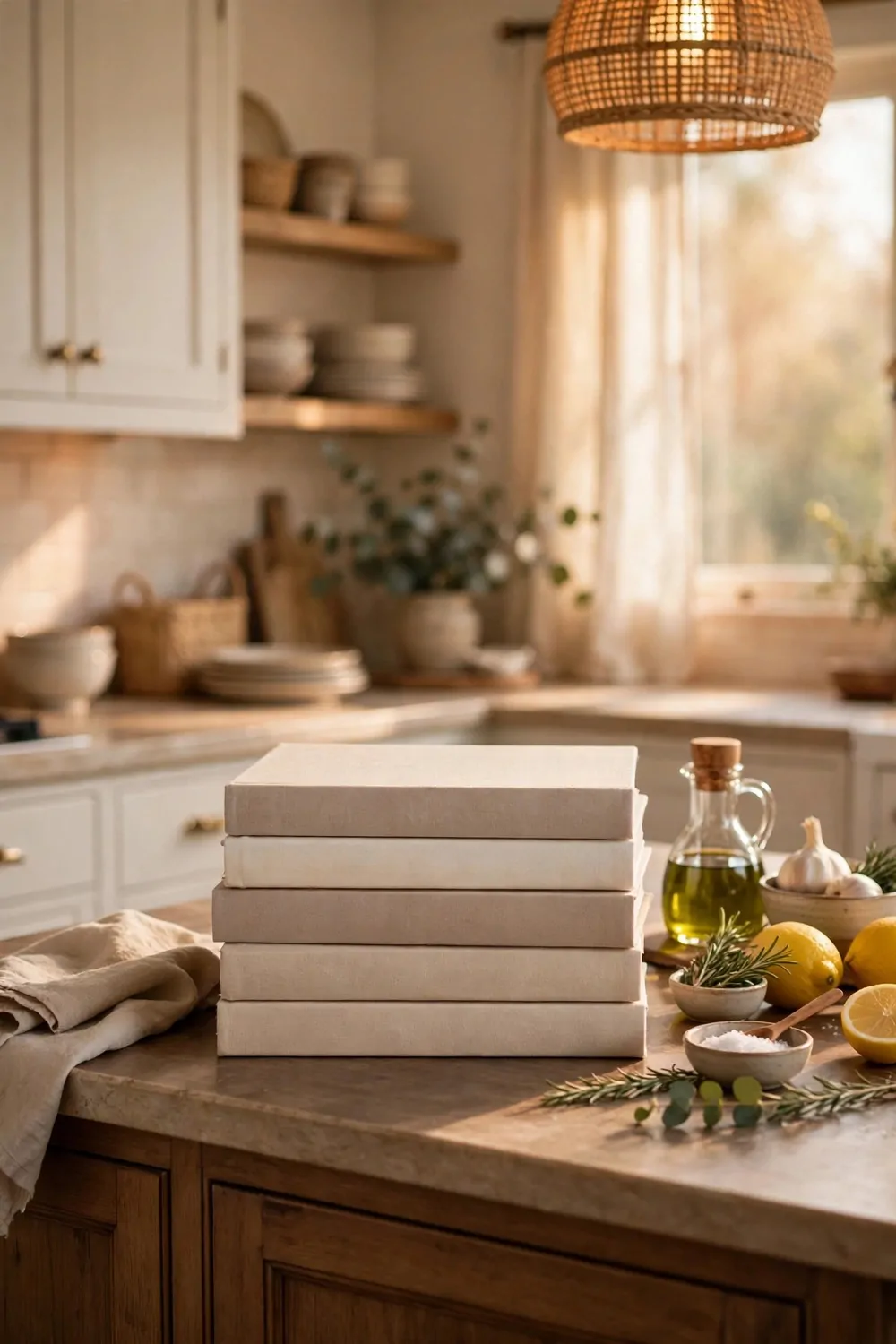 A neat stack of cookbooks with blank covers on a kitchen island, warm light, tidy and cozy