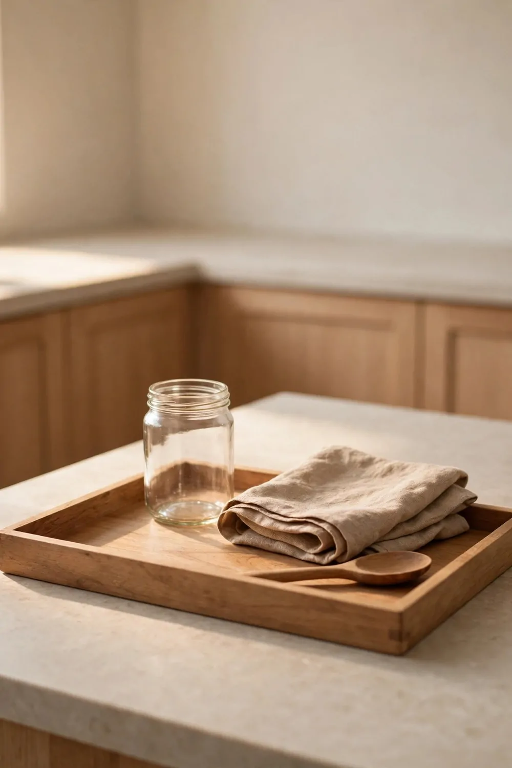 A wooden tray on a kitchen island holding a small jar, a folded cloth and a wooden spoon, warm light, tidy and calm
