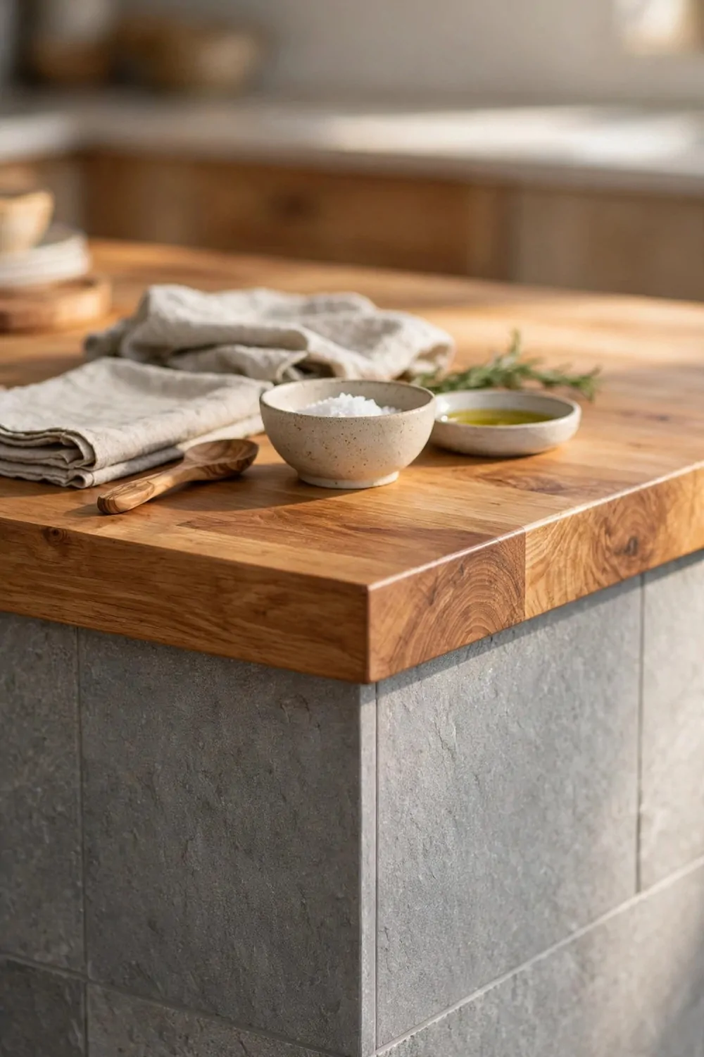 A kitchen island with a warm wooden top and cool grey stone base, close detail, warm light, tidy and calm